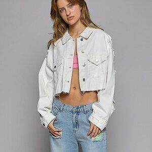 POL Ivory Cropped Distressed Raw Edge Front Pockets Denim Jacket